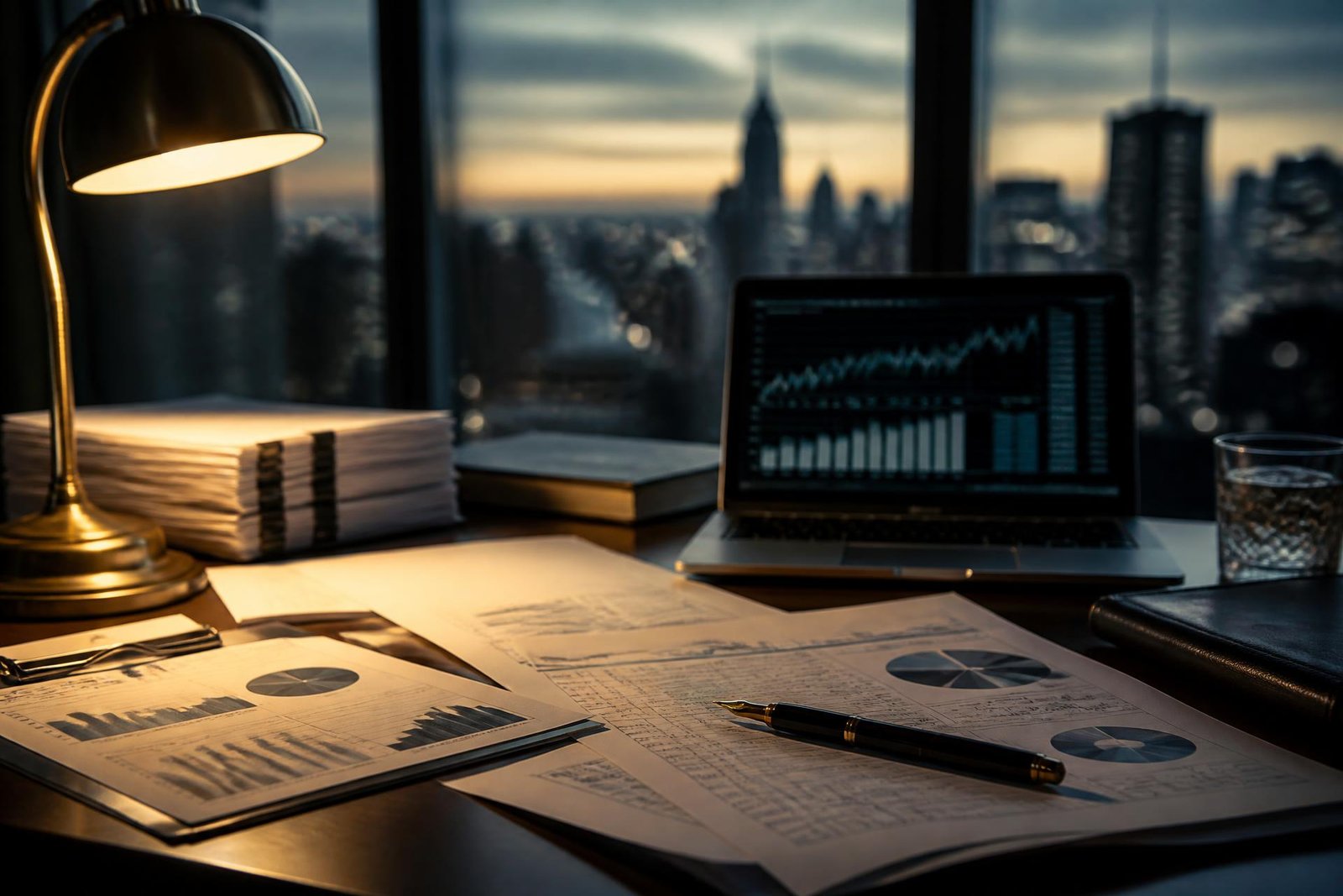 An analytical due diligence workspace with charts and documents